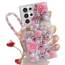 Étui scintillant et brillant pour Galaxy S25 Série/S24 Série/S23 Série/S22 Série, étui de luxe féminin et mignon avec fleurs en cristal 3D, strass et perles. Inclut une bandoulière poignet. Cadeau idéal pour les femmes, l'anniversaire, la mère, la famille, les amis, le petit ami, la petite amie