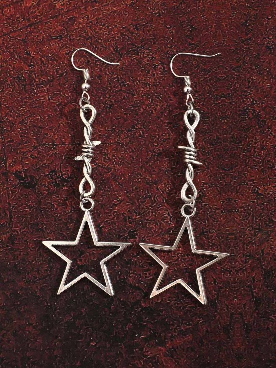 Gothic Punk Style Star & Thorn Dual Pendant Drop Earrings For Women