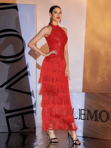 LOVE&LEMONADE Layered Fringe Trim Sequin Dress - Red - View 5