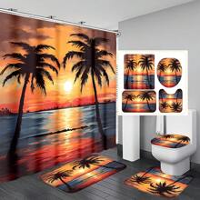 4 pièces Ensemble de rideaux de douche et accessoires de salle de bain avec tapis antidérapants, couvercle de toilette et tapis de bain. Imperméable, séchage rapide, résistant aux moisissures. Décoration de salle de bain avec 12 crochets. Thème chocolat, bonbon, citrouille d'Halloween, cœurs, navette spatiale, coucher de soleil, plage, palmiers pour la maison, l'hôtel, le dortoir