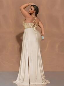 CHOSMO Robe à paillettes avec fermeture éclair sans dos, robe de soirée élégante ajustée avec ceinture en satin à taille haute et fente latérale, robe de bal pour femme, robe de soirée, robe pour invité de mariage, robe de cérémonie - Doré - Voir 4