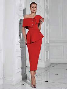 Elisanya Vestido de mujer ajustado, sexy y con botones de estilo multicapa - Rojo - Ver 3