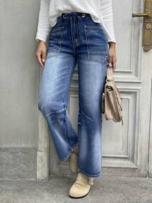 Plus Size Women Wide Leg Jeans With Drawstring And Large Pockets - Rửa tối - Xem 5