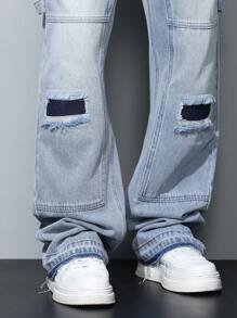 Loose Denim Cargo Pants With Ripped Patchwork Design, Fashionable Washed Cotton Jeans
