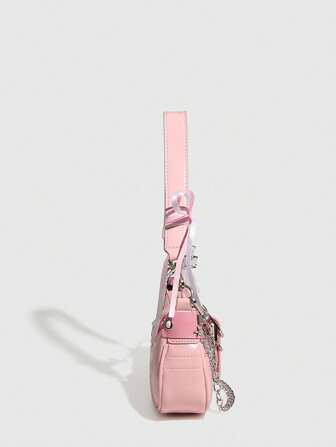 Y2K Fashion Versatile Star & Moon Design Unique Pink Chain Decor Crossbody Bag, Women Baguette Bag, Niche Design, Steampunk, Gothic, Lady Bag, Streetwear Chic, Music Festival, Party, Women's Rocker Style Shoulder Bag Suitable For Girls, Celebrity-Inspired Printed Purse