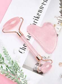 1Set Rose Quartz Double Head Roller Massager Heart Shaped Face Eye Massage Scraping Gua Combination Set