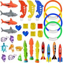 34Pcs Children Swimming Pool Diving Toys Set With Storage Bag (Includes Diving Rings, Diving Sticks, Underwater Treasures, Torpedo Pirates, Fish Toys Etc.), Swimming Pool Party Favors, Summer Pool Diving Toys, With Fish Ring & Gem Net Bag