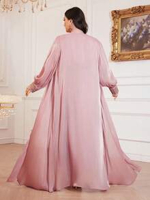 Plus Size Women Lantern Sleeve Patchwork Abaya Dress With Sleeveless Elegant Dress, Modest Kaftan - Dusty Pink - View 2