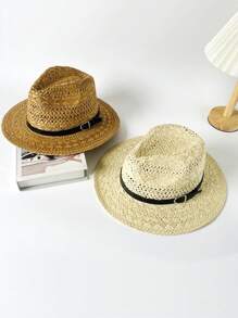 1 件男女通用宽边镂空草编太阳帽，新款休闲夏季透气防晒复古皮革扣装饰平顶帽，适合派对、聚会、日常使用 - A - 查看 7