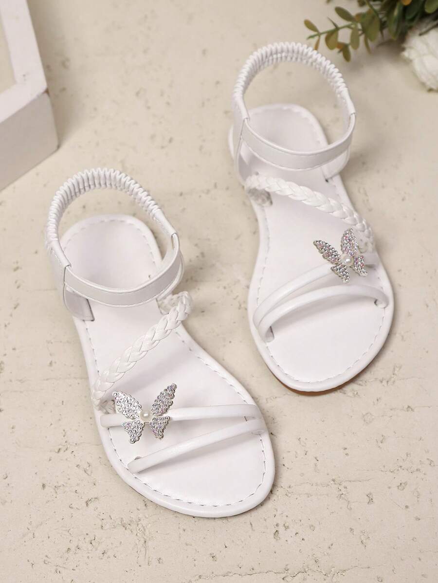 1双白色加大码女童时尚凉鞋，纯色PU编织带，闪亮彩色蝴蝶装饰，弹性踝带，圆头露趾，平底防滑舒适优雅可爱罗马凉鞋，适合3-15岁女孩，日常、休闲、派对、旅行皆宜，2026春夏款 - 白色 - 查看 1