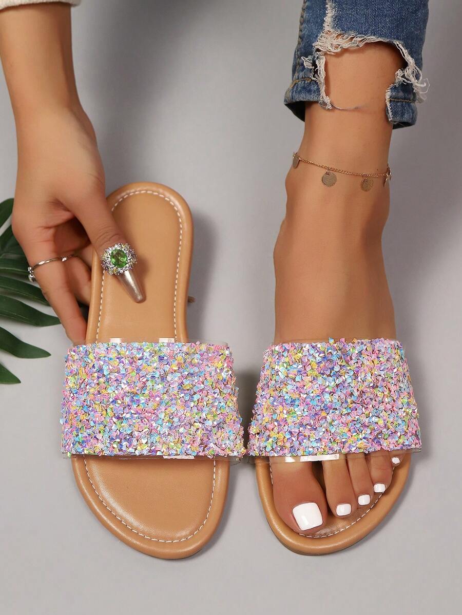 女士平底凉鞋，新款时尚平底带一脚蹬凉鞋，休闲凉鞋，时尚水钻拖鞋，时尚亮片拖鞋，平底鞋，一脚蹬拖鞋，女鞋，新款韩版纯色低跟春季，百搭沙滩度假沙滩鞋 - 淺粉色 - 查看 1