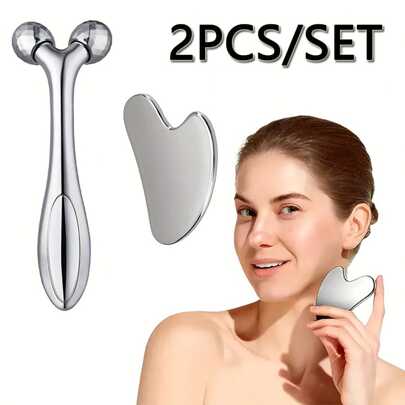 Set de 2 piezas de herramientas de masaje facial, rodillo facial y masajeador Gua, sin fragancia, operación manual, sin batería requerida, con regalo ideal para ella, para rostro, cuello y Body, escuela, vuelta a la escuela, viaje, artículos esenciales de viaje, artículos esenciales del hogar, spa, herramienta de masaje, masaje, masajeador, spa