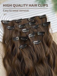 7入組棕色水波紋帶夾式精製合成纖維22英寸長的女士全頭假髮，16個夾子，適用於延長和增加頭髮密度 - 棕色 - 查看 6