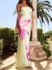 Strapless Maxi Tube Dress For Women Yellow Floral Print Backless High Waist Beach Long Dress Off Shoulder Bodycon Dress Spring Summer Vacation Beachwear Party Outfit - Màu vàng - Xem 3