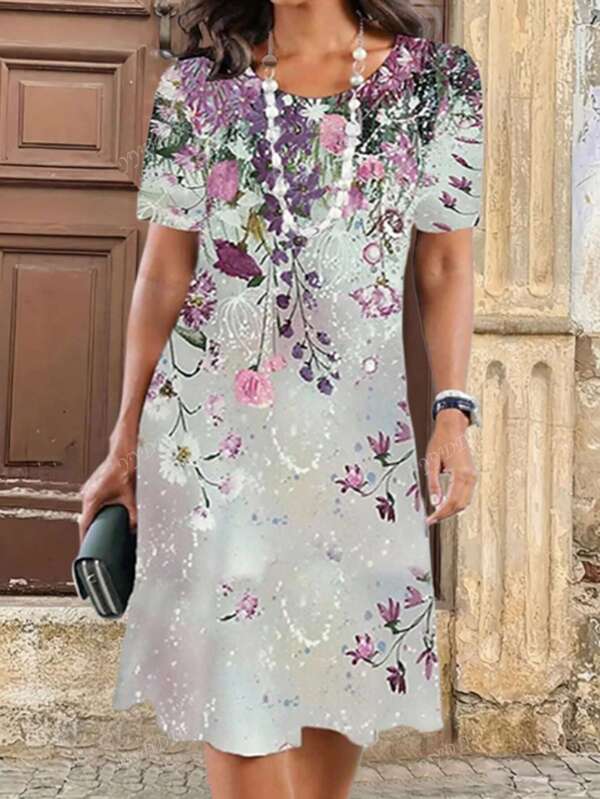 Rochie de vară cu gât rotund, elegantă cu imprimeu floral de mărimi plus