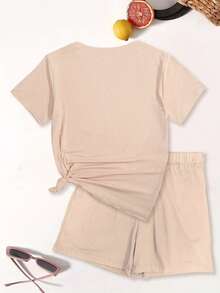 2pcs/Set Elegant Casual Print Round Neck Short Sleeve Shorts Set - Khaki - View 2