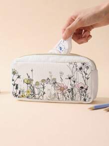1 st. Bloemenpatroon Grote Capaciteit Dubbelzijdig Bedrukt Corduroy Etui, Perfecte Terug Naar School Etui, Grote Opbergzak, Ideaal Cadeau Voor Studenten