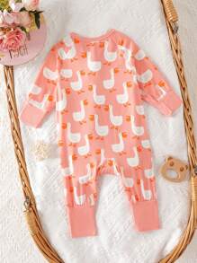 PP Bamboo Fiber Long Sleeve Jumpsuit With Cartoon Goose Print For Baby Girl - 粉色 - 查看 2