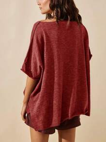 Women's Oversized T Shirt Loose Fit Crew Neck Short Sleeve Side Slit Summer Blouse Top - 酒紅色 - 查看 6