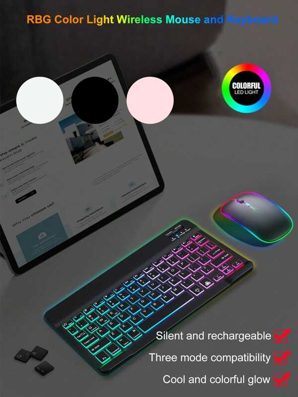 Set inalámbrico universal de teclado y ratón de 10 pulgadas con retroiluminación de 7 colores, teclado silencioso, batería de litio, carga inalámbrica y compatible con 3 sistemas