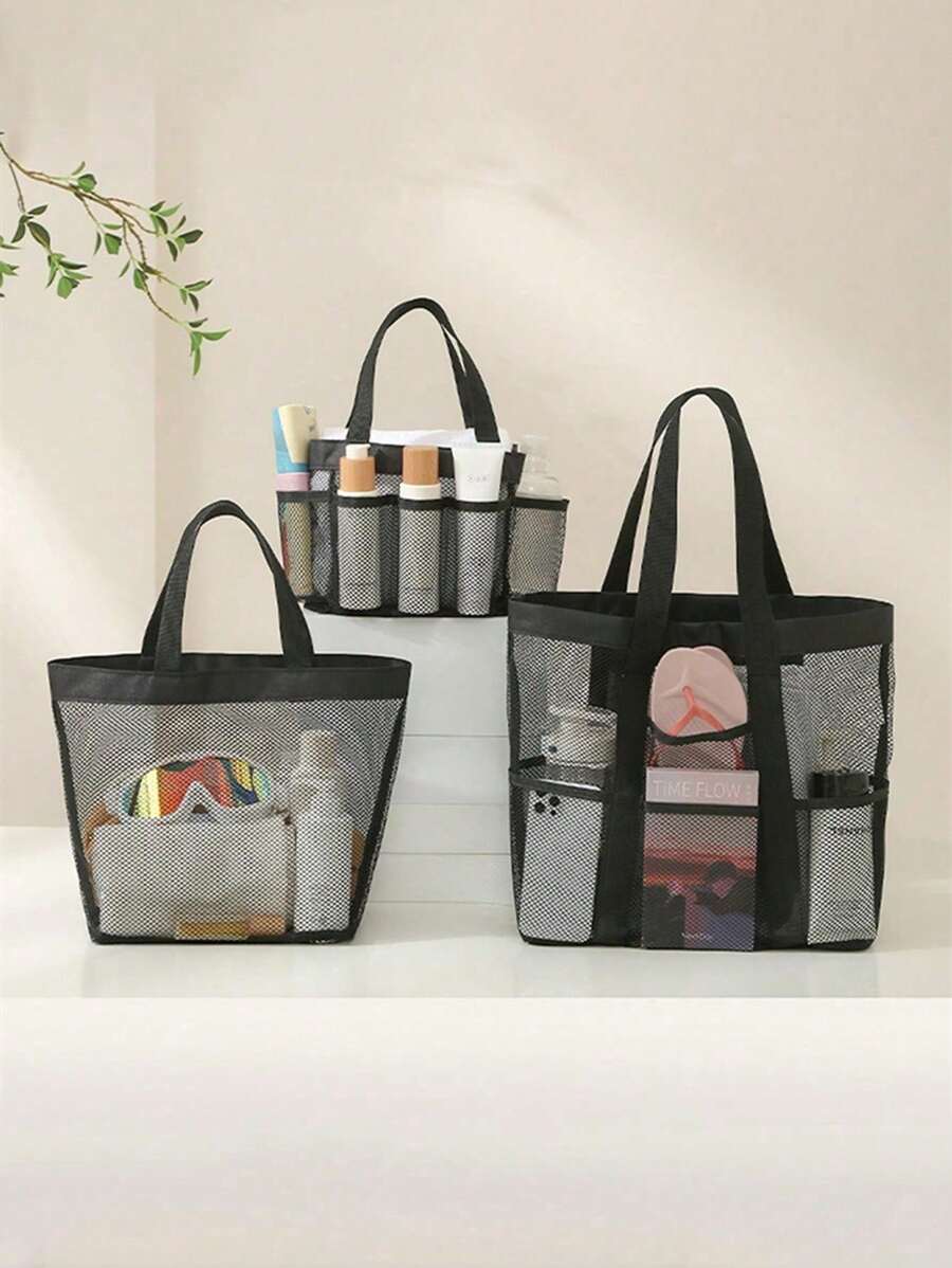 大容量便携式网状沙滩包 - 宽敞的多口袋化妆旅行收纳洗漱包，采用透气设计，加固手柄，适合海滩、泳池、健身房和户外活动