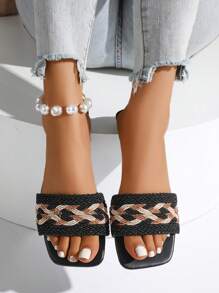 女士新款方头休闲平底凉鞋，时尚百搭 - 黑色 - 查看 6