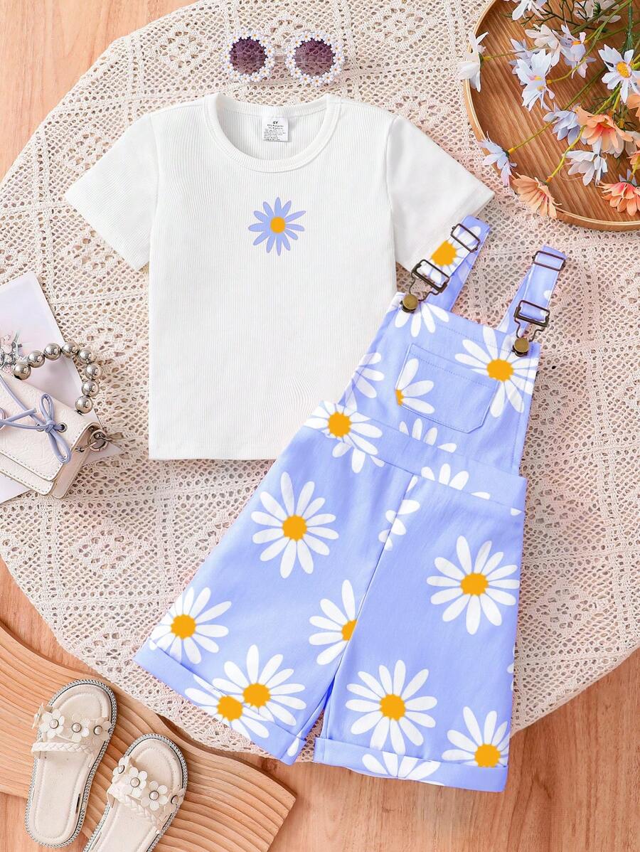2pcs Young Girl Fashion Summer Outfit, Daisy Graphic Round Neck Short Sleeve Top + Stylish Pocket Suspender Pants, Children's Comfortable Soft Casual Cute Sweet Style Clothing, Elegant Streetwear For Girls - Blue - View 1