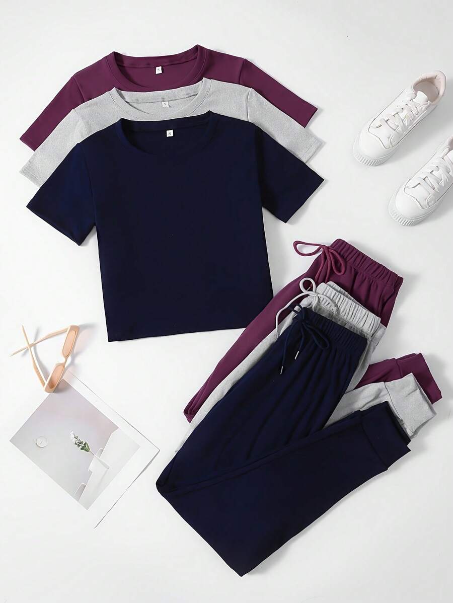 3sets Solid Tee & Tie Front Pants Lounge Set - Multicolor - View 1