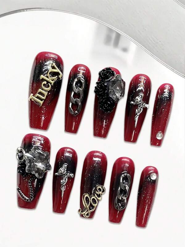 10pcs Punk Dark Press On Nails Kit Long Square Letters False Nails For DIY Nail Design Art Salon