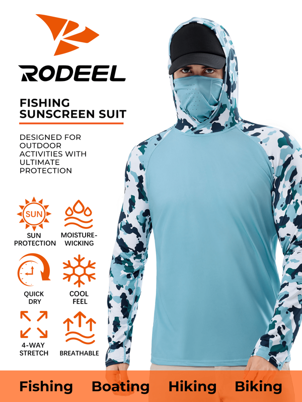RODEEL 男士高性能面罩连帽防晒插肩袖 T 恤适合钓鱼露营和户外活动