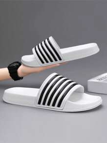 （情侣款）男士简约时尚条纹大码露趾拖鞋，EVA软底浴室沙滩拖鞋，室内外皆宜，尺码36-50，男女通用