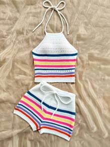 2pcs Women's Spring/Summer Outfit, Striped Colorblock Vacation Style, Tie-Neck Design, Fitted Knit Top, Cropped Sleeveless Shirt And Skinny Shorts, Summer 2-Piece Set For New Year