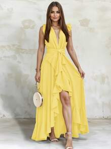 Women's Elegant Off Shoulder Deep V Neck Ruffle Leg Slit Maxi Dress - Yellow - View 3