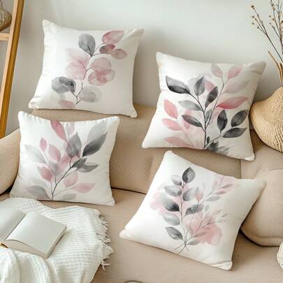 MEMNUN 4 件水彩灰粉色叶子印花枕套，17.7*17.7 英寸（45*45 厘米）/19.69*19.69 英寸（50*50 厘米）/15.75*15.75 英寸（40*40 厘米），单面印花，无枕芯，适用于家居装饰、客厅、卧室、汽车、沙发、床头板
