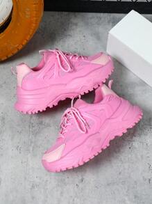 Women's Soft Pink Stylish Platform Thick-Soled Casual Chunky Sneakers, Fashion Low-Top Breathable Couple's Sports Walking Shoes, Shock-Absorbing, Suitable For Daily Wear, Holiday Travel