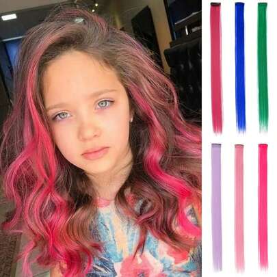 6Pcs/Pack 20inch Colored Hair Pink Purple Blue Green Extensions Party Highlights Clip Hair Straight Hairpiece Clip In Synthetic Streak Suitable For Girls And Women Daily Holidays Party And Christmas Music Festival Carnival New Year Gifts Used