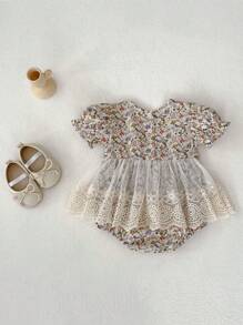 Infant/Baby Girl Round Neck Ditsy Floral Lace Mesh Romper Dress, Summer