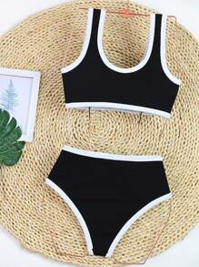 Women's Sporty Contrast Trim Bikini Set With Button Detail And High-Waisted Bottoms - 黑色 - 查看 4