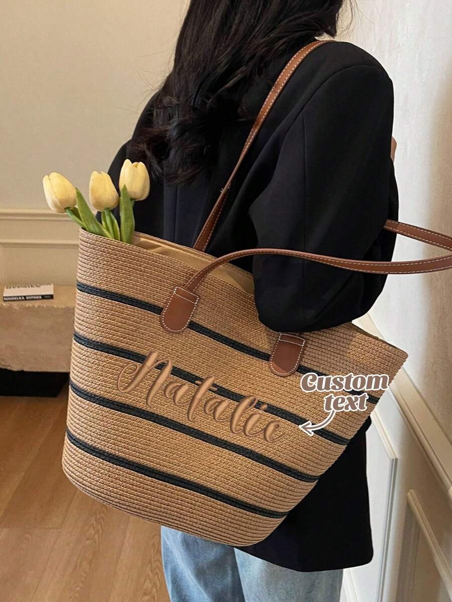 (Custom-Made) 1pc Personalized Embroidered French Countryside Style Rope Woven Handbag, Women's Summer Large Capacity Striped Shoulder Tote Bag, Beach Basket, Suitable For Vacation,Multifunction,Versatile,Large Capacity,Lightweight,School Supplies,Back To School,School Gift,For Office,For School,For Classroom,For Teacher Gifts,For University,For Colleague,For Dorm Rooms,For Teacher,For Boys And Girls,For Teenagers,Junior High School Students,Middle School Students,High School Senior High School Students,College Students,University Students,Freshman,Sophomore,Underclassmen - Multicolor - View 1