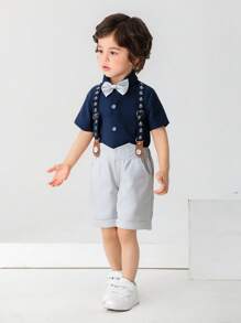 BOARNSEORL 2 件套年轻男孩绅士装，海军蓝衬衫和白色条纹吊带裤，配领结，适合节日、婚礼、派对、庆典 - 藍白色 - 查看 5