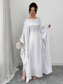 Women's Shiny Fabric Round Neck Adjustable Waist Belt Casual Dress,Modest - White - View 4