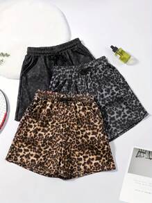 3 piezas Pantalones cortos deportivos con cordón y estampado de leopardo para mujer, ropa deportiva casual para primavera/verano, de unicolor con bolsillos, mezcla elástica de poliéster, lavable a máquina, ropa de verano para actividades
