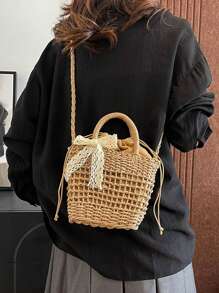 Yogodlns Luxury Designer Lace Bow Straw Weave Women's Handbag Crossbody Bag Small Bucket Tote Summer Beach Bag Casual Hollow Out Weaving Shoulder Bags For Women Small Square Crossbody Bag Purse Female Fashion Handbag Clutch