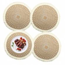 1 Stück 15 Zoll große, runde Tischsets aus gewebter Jute mit Quasten, geeignet als Tischdekoration für Esszimmer/Küche, Bohemian-Stil, hitzebeständig, ideal für Zusammenkünfte zu Hause drinnen/draußen, Hochzeiten, Partys, minimalistischer Geschirrschutz, Weihnachtsgeschenke