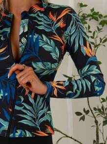 2 peças Impressão de folha Manga Longa Gola Careca Guarda-Roupa - Top Nado com Manga Longa Raglan e Shorts Boxer Parte de Baixo Esportes Aquáticos, Roupa de Banho e Vestimenta Feminina para Férias de Verão