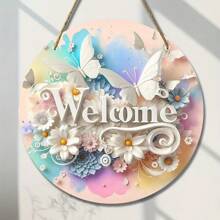 2pcs Yard Decoration Butterfly Welcome Wooden Sign, Home Decor Butterfly Round Signage For Spring/Summer, Decorative Door, Window, Outdoor Entrance, Landmark Decor