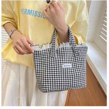 Thousand Bird Grid Contrasting Lace Ruffle Edge Tote Bag, Versatile And Fashionable Small Handbag, Commuting Walk Bag, Hand-Held Bento Bag - Black and White - View 5