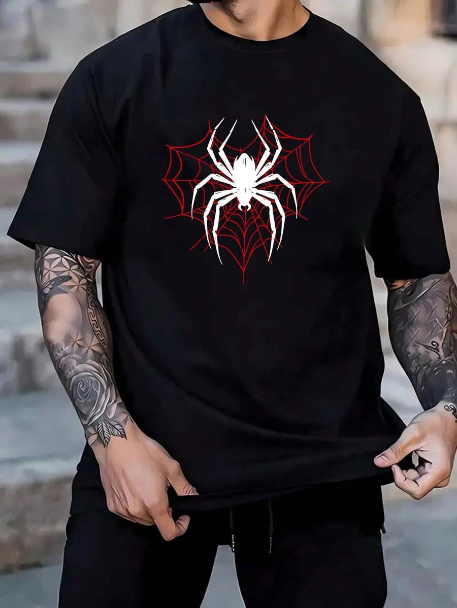 Spider  Estampado Camisetas De Hombre  Manga Corta De Dibujos Animados verano cuello redondo Casual Negra Blanca Playeras De Hombre - Negro - Ver 1