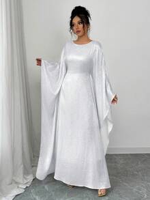 Women's Shiny Fabric Round Neck Adjustable Waist Belt Casual Dress,Modest - White - View 3