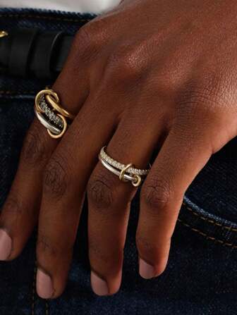 BALMORA 1 件 S925 纯银互锁戒指，镶嵌合成锆石，双层彩色拼接手饰，适合女士时尚、欧美风格嘻哈、多层珠宝、生日礼物、珠宝礼物